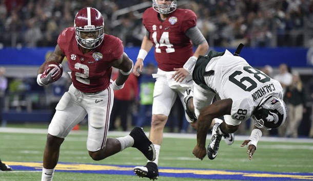 Dec 31, 2015; Arlington, TX, USA; Alabama Crimson Tide running back Derrick Henry (2) runs the ball for a touchdown past Michigan State Spartans defensive end Shilique Calhoun (89) during the fourth quarter  in the 2015 CFP semifinal at the Cotton Bowl at AT&T Stadium. Mandatory Credit: Jerome Miron-USA TODAY Sports
