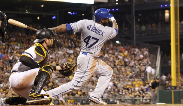 Aug 9, 2015; Pittsburgh, PA, USA; Los Angeles Dodgers second baseman Howie Kendrick (47) hits an infield single against the Pittsburgh Pirates during the fifth inning at PNC Park. Mandatory Credit: Charles LeClaire-USA TODAY Sports