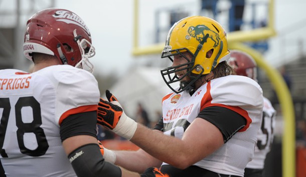Jan 26, 2016; Mobile, AL, USA; North squad offensive tackle Joe Haeg of North Dakota State (right) works with offensive tackle Jason Spriggs of Indiana (78) on a drill during Senior Bowl practice at Ladd-Peebles Stadium. Mandatory Credit: Glenn Andrews-USA TODAY Sports