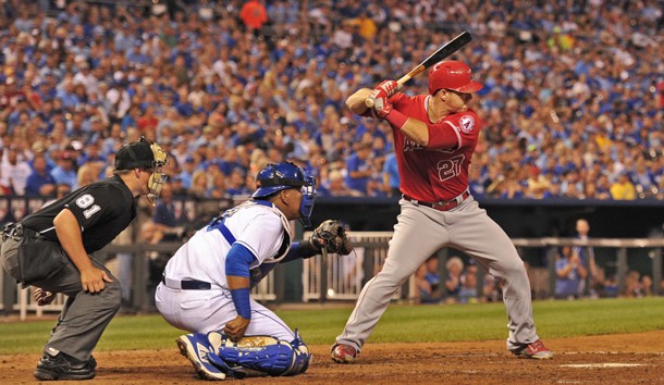 Mike Trout (27) at bat against the Kansas City Royals during the sixth inning at Kauffman Stadium. Photo Credit: Peter G. Aiken-USA TODAY Sports