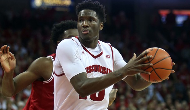 Jan 26, 2016; Madison, WI, USA; Wisconsin Badgers forward Nigel Hayes (10) drives to the basket during the game with the Indiana Hoosiers at the Kohl Center. Wisconsin defeated Indiana 82-79 (OT). Mandatory Credit: Mary Langenfeld-USA TODAY Sports