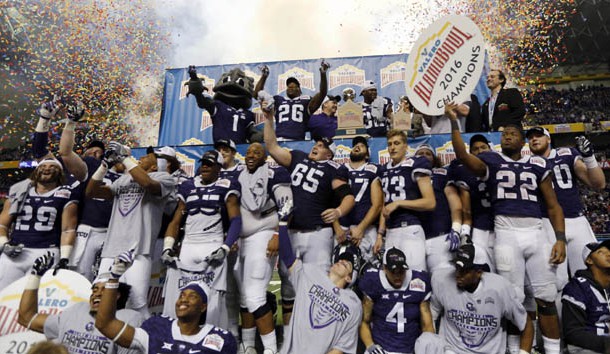 Jan 2, 2016; San Antonio, TX, USA; TCU Horned Frogs players celebrate their 47-41 victory over the Oregon Ducks at the 2016 Alamo Bowl in the Alamodome. Mandatory Credit: Erich Schlegel-USA TODAY Sports