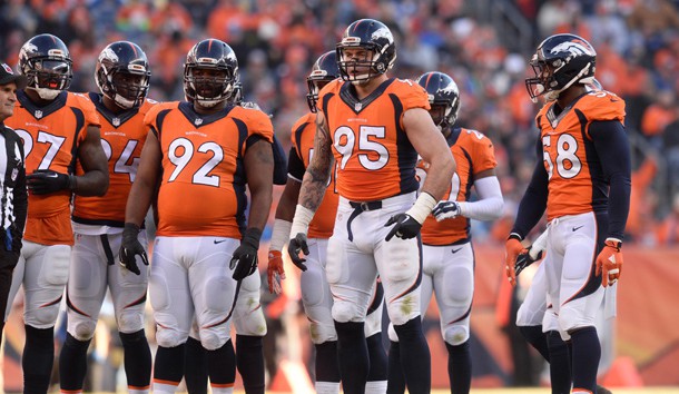 Jan 3, 2016; Denver, CO, USA; Denver Broncos outside linebacker Von Miller (58) and defensive end Derek Wolfe (95) and nose tackle Sylvester Williams (92) and outside linebacker DeMarcus Ware (94) and defensive end Malik Jackson (97) during the first quarter against the San Diego Chargers at Sports Authority Field at Mile High. Photo Credit: Ron Chenoy-USA TODAY Sports