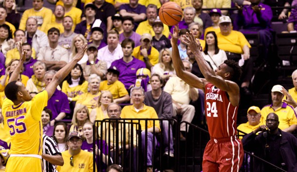 Jan 30, 2016; Baton Rouge, LA, USA; Oklahoma Sooners guard Buddy Hield (24) shoots over LSU Tigers guard Tim Quarterman (55) during the first half of a game at the Pete Maravich Assembly Center. Photo Credit: Derick E. Hingle-USA TODAY Sports