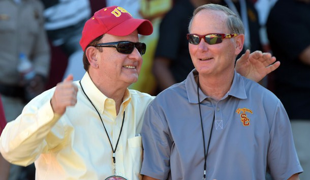 Sep 19, 2015; Los Angeles, CA, USA; Southern California Trojans president C.L. Max Nikias (left) and athletic director Pat Haden before the game against the Stanford Cardinal at Los Angeles Memorial Coliseum. Mandatory Credit: Kirby Lee-USA TODAY Sports