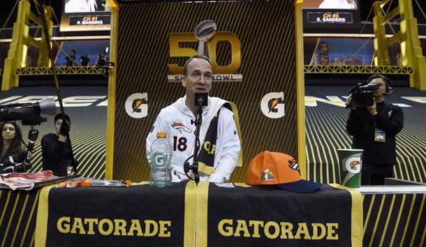 Feb 1, 2016; San Jose, CA, USA; Denver Broncos quarterback Peyton Manning (18) during Super Bowl 50 Opening Night media day at SAP Center. Mandatory Credit: Kyle Terada-USA TODAY Sports