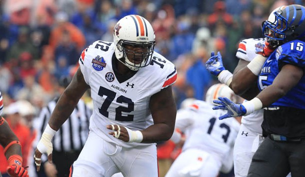Dec 30, 2015; Birmingham, AL, USA; Auburn Tigers offensive lineman Shon Coleman (72) looks down field during the game against the Memphis Tigers at the 2015 Birmingham Bowl at Legion Field. Coleman could see his draft stock rise in the coming weeks. Photo Credit: Marvin Gentry-USA TODAY Sports