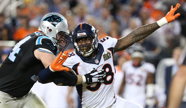 Feb 7, 2016; Santa Clara, CA, USA; Denver Broncos outside linebacker Von Miller (58) rushes the passer against Carolina Panthers tackle Mike Remmers (74) in Super Bowl 50 at Levi's Stadium. Mandatory Credit: Matthew Emmons-USA TODAY Sports