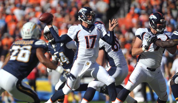 Dec 6, 2015; San Diego, CA, USA; Denver Broncos quarterback Brock Osweiler (17) throws a pass during the first quarter of the game against the San Diego Chargers at Qualcomm Stadium. Mandatory Credit: Orlando Ramirez-USA TODAY Sports