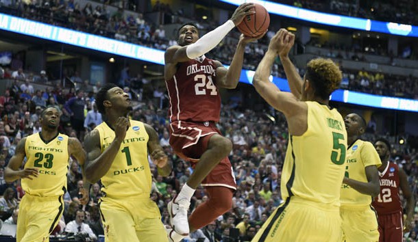 March 26, 2016; Anaheim, CA, USA; Oklahoma Sooners guard Buddy Hield (24) moves in to score a basket against Oregon Ducks during the second half of the West regional final of the NCAA Tournament at Honda Center. Mandatory Credit: Richard Mackson-USA TODAY Sports