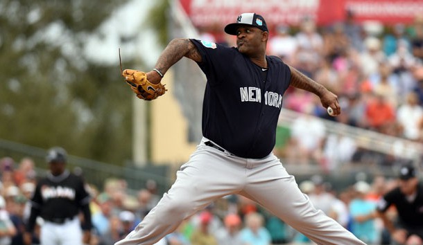 Mar 8, 2016; Jupiter, FL, USA; New York Yankees starting pitcher CC Sabathia (52) throws against the Miami Marlins during a spring training game at Roger Dean Stadium. Mandatory Credit: Steve Mitchell-USA TODAY Sports