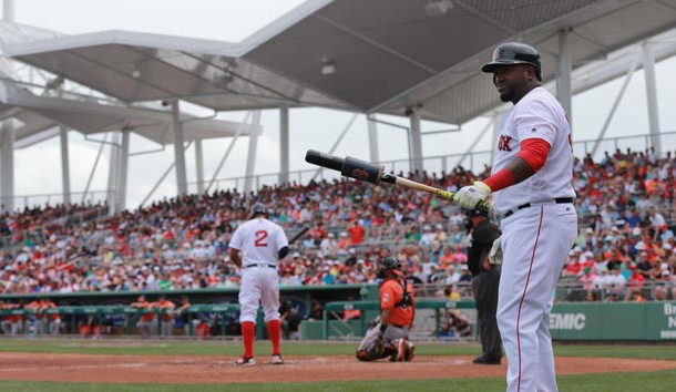 Mar 28, 2016; Fort Myers, FL, USA; Boston Red Sox designated hitter David Ortiz (34) on deck to bat during the first inning against the Baltimore Orioles at JetBlue Park. Mandatory Credit: Kim Klement-USA TODAY Sports