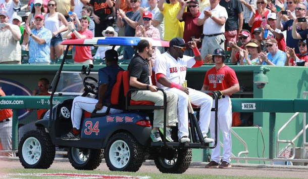 Mar 28, 2016; Fort Myers, FL, USA; Boston Red Sox designated hitter David Ortiz (34) tips his hat to the crowd as he is driven off the field on a cart during the seventh inning against the Baltimore Orioles at JetBlue Park. Mandatory Credit: Kim Klement-USA TODAY Sports