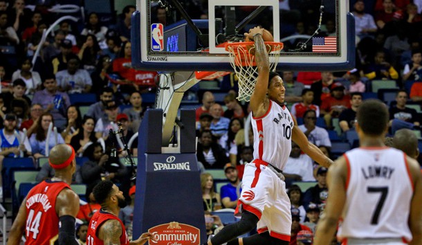 Mar 26, 2016; New Orleans, LA, USA; Toronto Raptors guard DeMar DeRozan (10) dunks against the New Orleans Pelicans during the second half of a game at the Smoothie King Center. The Raptors defeated the Pelicans 115-91. Mandatory Credit: Derick E. Hingle-USA TODAY Sports
