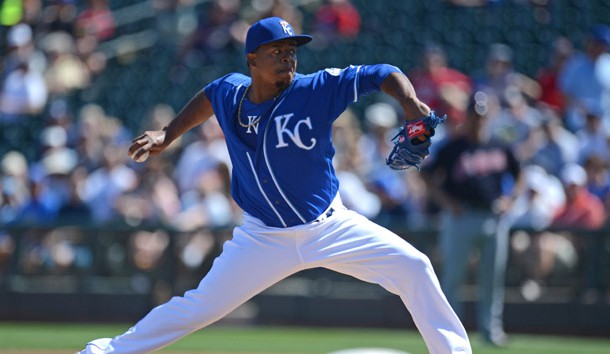 Mar 13, 2016; Surprise, AZ, USA; Kansas City Royals starting pitcher Edinson Volquez (36) pitches during the first inning against the Cleveland Indians at Surprise Stadium. Mandatory Credit: Joe Camporeale-USA TODAY Sports