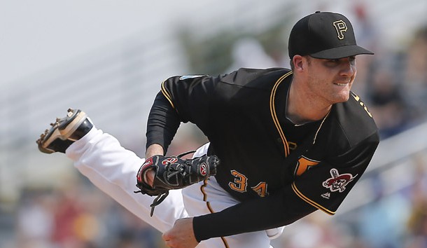 Mar 7, 2016; Bradenton, FL, USA; Pittsburgh Pirates relief pitcher Eric O'Flaherty (34) throws during the sixth inning of a spring training baseball game against the Philadelphia Phillies at McKechnie Field. The Phillies won 1-0. Mandatory Credit: Reinhold Matay-USA TODAY Sports