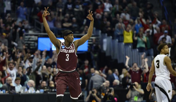 Mar 17, 2016; Denver , CO, USA; Arkansas Little Rock Trojans guard Josh Hagins (3) celebrates making a game tying three-point shot during Purdue vs Arkansas Little Rock in the first round of the 2016 NCAA Tournament at Pepsi Center. Mandatory Credit: Ron Chenoy-USA TODAY Sports