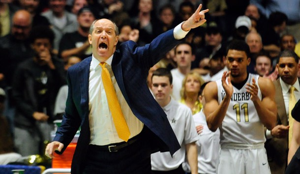 Mar 10, 2016; Nashville, TN, USA; Vanderbilt Commodores head coach Kevin Stallings shouts during game 3 of the SEC tournament at Bridgestone Arena. Tennessee Volunteers won 67 to 65. Mandatory Credit: Joshua Lindsey-USA TODAY Sports