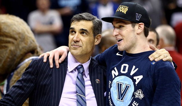 Mar 26, 2016; Louisville, KY, USA; Villanova Wildcats head coach Jay Wright and guard Ryan Arcidiacono (15) celebrate after beating the Kansas Jayhawks in the south regional final of the NCAA Tournament at KFC YUM!. Mandatory Credit: Aaron Doster-USA TODAY Sports
