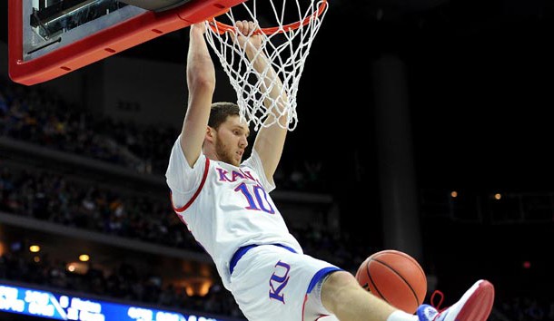 Mar 17, 2016; Des Moines, IA, USA; Kansas Jayhawks guard Sviatoslav Mykhailiuk (10) dunks the ball against the Austin Peay Governors during the first half in the first round of the 2016 NCAA Tournament at Wells Fargo Arena. Mandatory Credit: Steven Branscombe-USA TODAY Sports