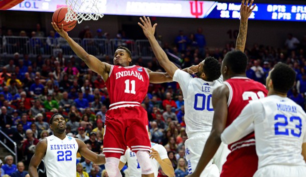 Mar 19, 2016; Des Moines, IA, USA; Indiana Hoosiers guard Yogi Ferrell (11) shoots the ball against Kentucky Wildcats forward Marcus Lee (00) in the second half during the second round of the 2016 NCAA Tournament at Wells Fargo Arena. Mandatory Credit: Jeffrey Becker-USA TODAY Sports