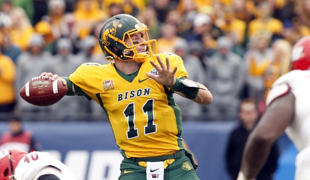 Jan 9, 2016; Frisco, TX, USA; North Dakota State Bison quarterback Carson Wentz (11) throws a pass in the third quarter against the Jacksonville State Gamecocks in the FCS Championship college football game at Toyota Stadium. North Dakota State won the championship 37-10. Photo Credit: Tim Heitman-USA TODAY Sports
