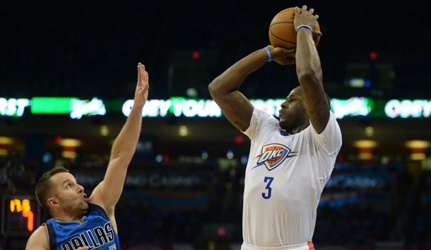 Apr 25, 2016; Oklahoma City, OK, USA; Oklahoma City Thunder guard Dion Waiters (3) shoots the ball over Dallas Mavericks guard J.J. Barea (5) during the third quarter in game five of the first round of the NBA Playoffs at Chesapeake Energy Arena. Mandatory Credit: Mark D. Smith-USA TODAY Sports