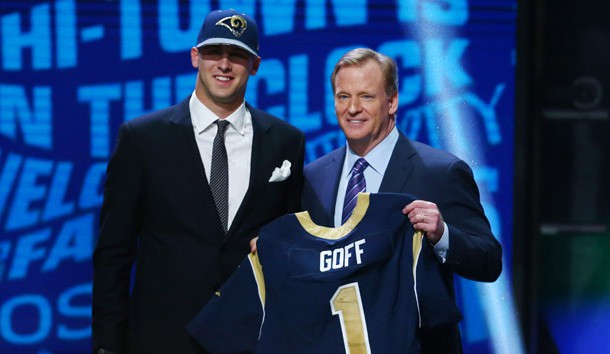 Apr 28, 2016; Chicago, IL, USA; Jared Goff (California) poses with NFL commissioner Roger Goodell after being selected by the Los Angeles Rams as the number one overall pick in the first round of the 2016 NFL Draft at Auditorium Theatre. Mandatory Credit: Jerry Lai-USA TODAY Sports