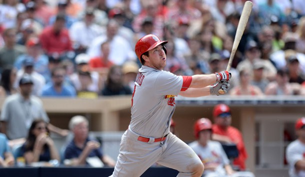 Apr 24, 2016; San Diego, CA, USA; St. Louis Cardinals second baseman Jedd Gyorko triples during the fourth inning against the San Diego Padres at Petco Park. Photo Credit: Jake Roth-USA TODAY Sports