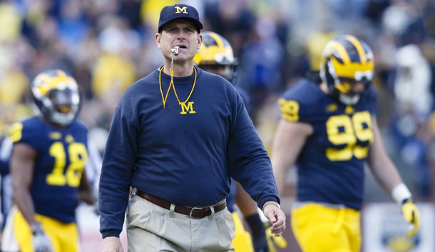 Apr 1, 2016; Ann Arbor, MI, USA; Michigan Wolverines head coach Jim Harbaugh looks on during the spring game at Michigan Stadium. Photo Credit: Rick Osentoski-USA TODAY Sports