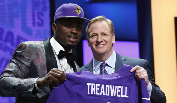 Apr 28, 2016; Chicago, IL, USA; Laquon Treadwell (Mississippi) with NFL commissioner Roger Goodell after being selected by the Minnesota Vikings as the number twenty-three overall pick in the first round of the 2016 NFL Draft at Auditorium Theatre. Mandatory Credit: Kamil Krzaczynski-USA TODAY Sports