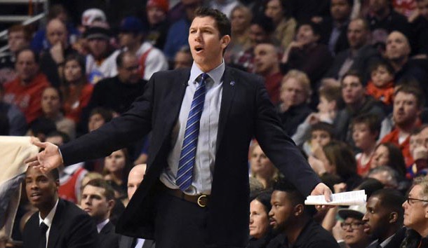 Jan 20, 2016; Chicago, IL, USA; Golden State Warriors interim coach Luke Walton questions a call during the second half  of a game against the Chicago Bulls at the United Center. The Golden State Warriors won 125-94. Mandatory Credit: David Banks-USA TODAY Sports