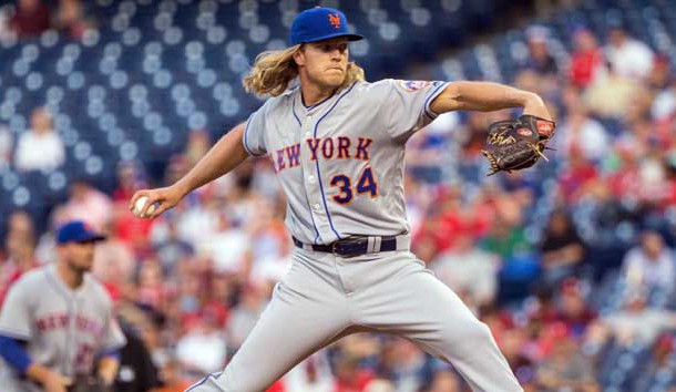Apr 18, 2016; Philadelphia, PA, USA; New York Mets starting pitcher Noah Syndergaard (34) pitches during the first inning against the Philadelphia Phillies at Citizens Bank Park. Mandatory Credit: Bill Streicher-USA TODAY Sports