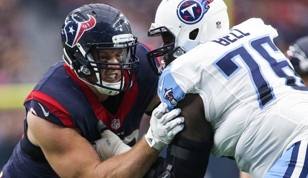 Nov 1, 2015; Houston, TX, USA; Houston Texans defensive end J.J. Watt (99) rushes against Tennessee Titans offensive guard Byron Bell (76) during a game at NRG Stadium. Photo Credit: Troy Taormina-USA TODAY Sports