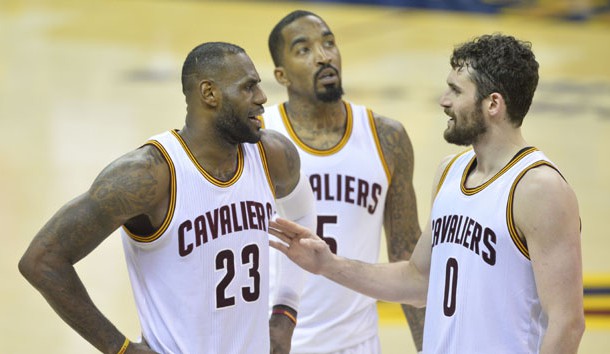May 19, 2016; Cleveland, OH, USA; Cleveland Cavaliers forward LeBron James (23), guard J.R. Smith (5) and forward Kevin Love (0) talk in the fourth quarter against the Toronto Raptors in game two of the Eastern conference finals of the NBA Playoffs at Quicken Loans Arena. Mandatory Credit: David Richard-USA TODAY Sports