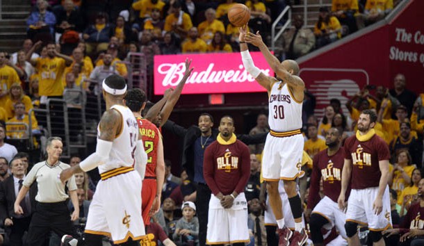 May 4, 2016; Cleveland, OH, USA; Cleveland Cavaliers guard Dahntay Jones (30) hits a record breaking three-pointer during the fourth quarter against the Atlanta Hawks in game two of the second round of the NBA Playoffs at Quicken Loans Arena. The Cavs won 123-98. Photo Credit: Ken Blaze-USA TODAY Sports