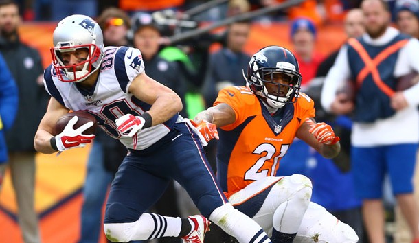 Jan 24, 2016; Denver, CO, USA; New England Patriots wide receiver Danny Amendola (80) tries to get past Denver Broncos cornerback Aqib Talib (21) in the second half in the AFC Championship football game at Sports Authority Field at Mile High. Mandatory Credit: Mark J. Rebilas-USA TODAY Sports