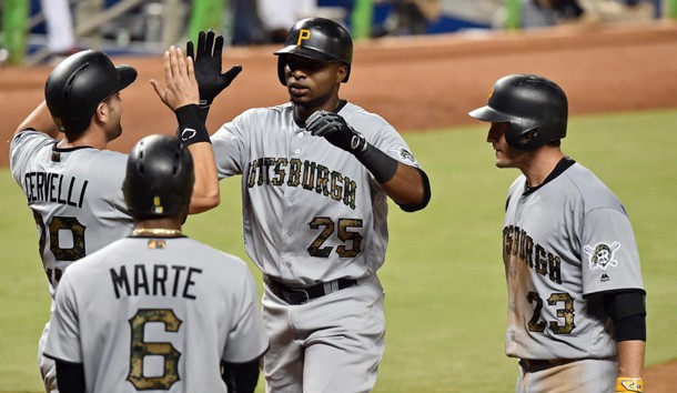 May 30, 2016; Miami, FL, USA; Pittsburgh Pirates right fielder Gregory Polanco (center) celebrates with teammates after hitting a grand slam during the sixth inning against the Miami Marlins at Marlins Park. Photo Credit: Steve Mitchell-USA TODAY Sports