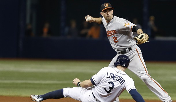 Apr 27, 2016; St. Petersburg, FL, USA; Tampa Bay Rays third baseman Evan Longoria (3) is forced out at second by Baltimore Orioles shortstop J.J. Hardy (2) during the ninth inning of a baseball game at Tropicana Field. The Orioles won 3-1. Mandatory Credit: Reinhold Matay-USA TODAY Sports