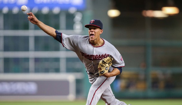 May 2, 2016; Houston, TX, USA; Minnesota Twins starting pitcher Jose Berrios (17) delivers a pitch during the third inning against the Houston Astros at Minute Maid Park. Mandatory Credit: Troy Taormina-USA TODAY Sports