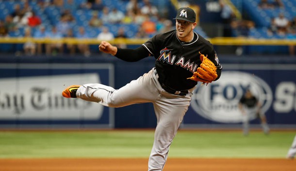May 26, 2016; St. Petersburg, FL, USA; Miami Marlins starting pitcher Jose Fernandez (16) throws a pitch against the Tampa Bay Rays at Tropicana Field. Miami Marlins defeated the Tampa Bay Rays 9-1. Photo Credit: Kim Klement-USA TODAY Sports