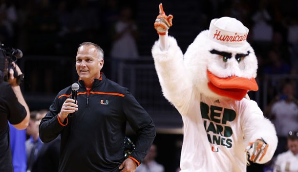 Dec 8, 2015; Coral Gables, FL, USA; Miami Hurricanes head football coach Mark Richt speaks to the fans during a timeout the first half against the Florida Gators at BankUnited Center. Photo Credit: Steve Mitchell-USA TODAY Sports