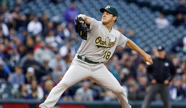 May 23, 2016; Seattle, WA, USA; Oakland Athletics starting pitcher Rich Hill (18) throws against the Seattle Mariners during the second inning at Safeco Field. Mandatory Credit: Joe Nicholson-USA TODAY Sports