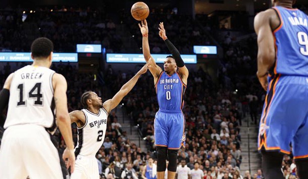 May 2, 2016; San Antonio, TX, USA; Oklahoma City Thunder point guard Russell Westbrook (0) shoots the ball over San Antonio Spurs small forward Kawhi Leonard (2) in game two of the second round of the NBA Playoffs at AT&T Center. Mandatory Credit: Soobum Im-USA TODAY Sports