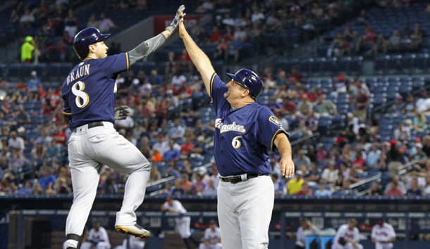 May 26, 2016; Atlanta, GA, USA; Milwaukee Brewers left fielder Ryan Braun (8) is congratulated by third base coach Ed Sedar (6) after a home run against the Atlanta Braves in the fifth inning at Turner Field. Photo Credit: Brett Davis-USA TODAY Sports