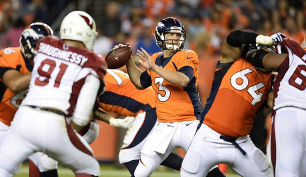 Sep 3, 2015; Denver, CO, USA; Denver Broncos quarterback Trevor Siemian (3) prepares to pass in the fourth quarter of a preseason game against the Arizona Cardinals at Sports Authority Field at Mile High. The Cardinals defeated the Broncos 22-20. Mandatory Credit: Ron Chenoy-USA TODAY Sports