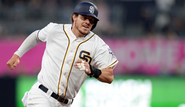 May 2, 2016; San Diego, CA, USA; San Diego Padres first baseman Wil Myers (4) rounds third on his way to score during the first inning against the Colorado Rockies at Petco Park. Mandatory Credit: Jake Roth-USA TODAY Sports