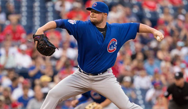 Jun 6, 2016; Philadelphia, PA, USA; Chicago Cubs starting pitcher Jon Lester (34) pitches during the first inning against the Philadelphia Phillies at Citizens Bank Park. Photo Credit: Bill Streicher-USA TODAY Sports