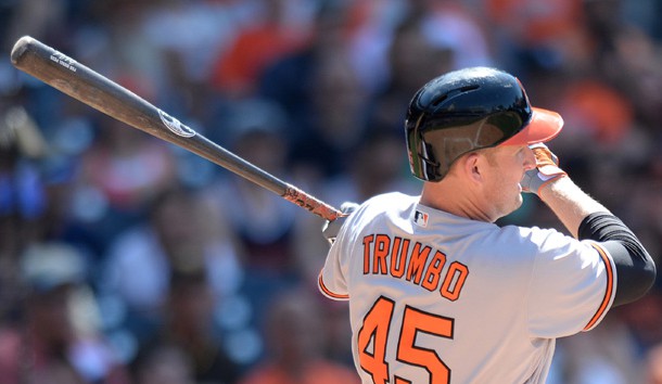 Jun 29, 2016; San Diego, CA, USA; Baltimore Orioles right fielder Mark Trumbo (45) hits a two RBI double during the ninth inning against the San Diego Padres at Petco Park. Photo Credit: Jake Roth-USA TODAY Sports