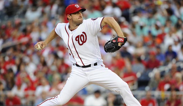 Jun 13, 2016; Washington, DC, USA; Washington Nationals starting pitcher Max Scherzer (31) throws to the Chicago Cubs during the fourth inning at Nationals Park. Mandatory Credit: Brad Mills-USA TODAY Sports